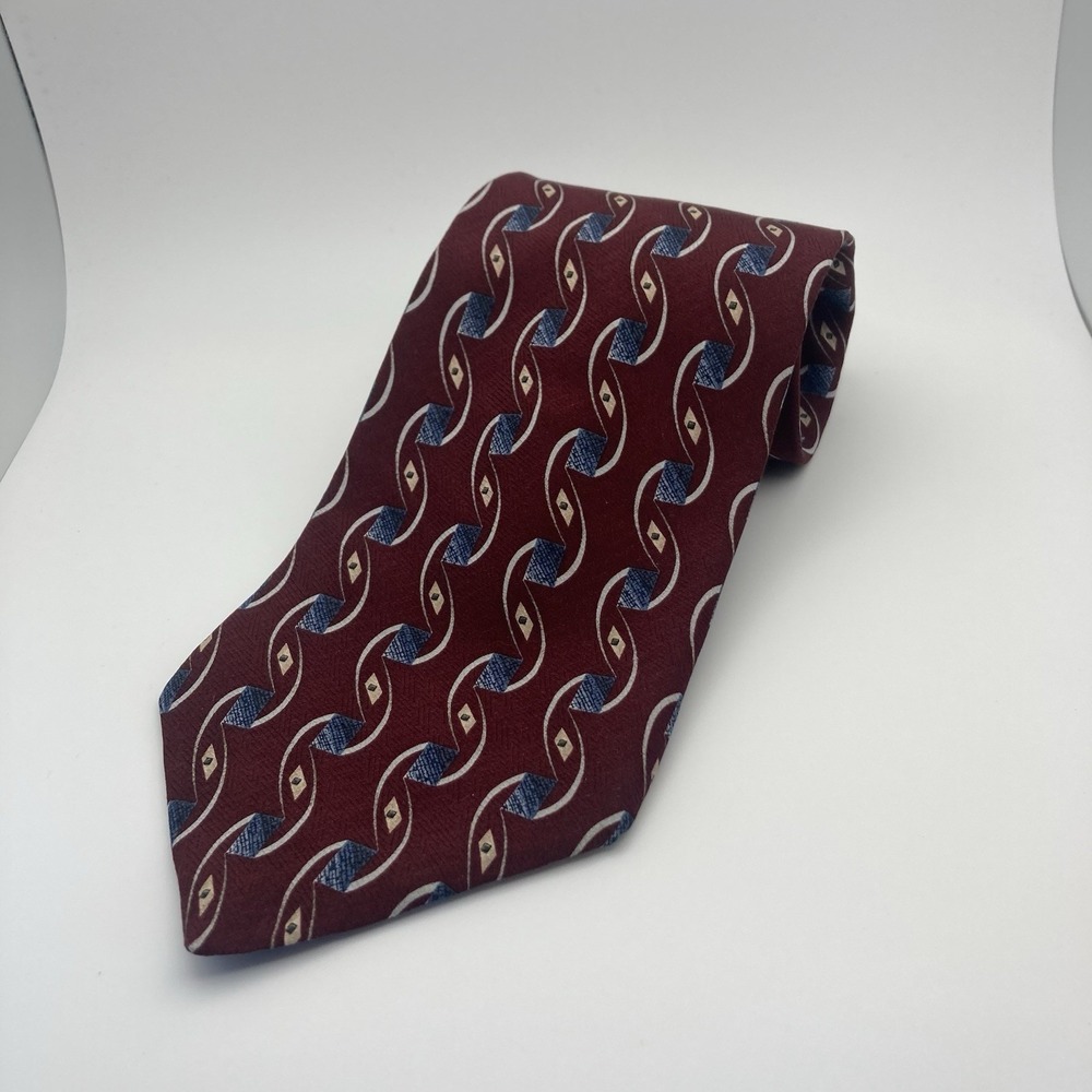 Claiborne Men's Necktie 4"Wide Classic 100% silk Dark Red Abstract Design